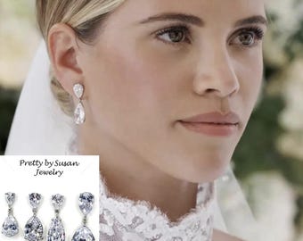 4 Sizes WHITE GOLD Sofia Richie Wedding Earrings Celebrity Inspired Luxe Clear CZ Teardrop Drop Bridal Earrings (Sparkle-3448)