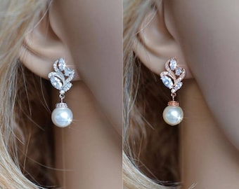 SALE White, Yellow or Rose Gold Choose Your Pearl Colour -- Vintage Inspired Cubic Zirconia CZ Dangle Earrings, Bridal (Pearl-819)