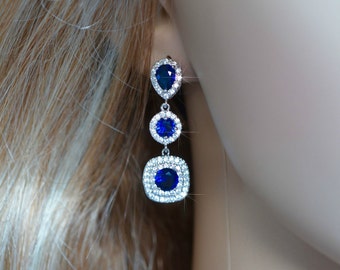 Luxe Saphir Blau oder Smaragdgrün CZ Halo Triple Drop baumeln Ohrringe, Braut, Hochzeit (Sparkle-2679)