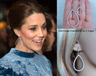 Royalty Replica Princess of Wales Celebrity Inspired Teardrop Outline CZ or Crystal Bridal Dangle Earrings, Wedding (Sparkle-3268)