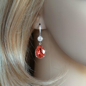 LAST PAIR Handmade Bright Coral Swarovski Padparadscha Pear Cut Crystal Earrings, Necklace, Set, Bridal, Wedding Sparkle-2644 image 5