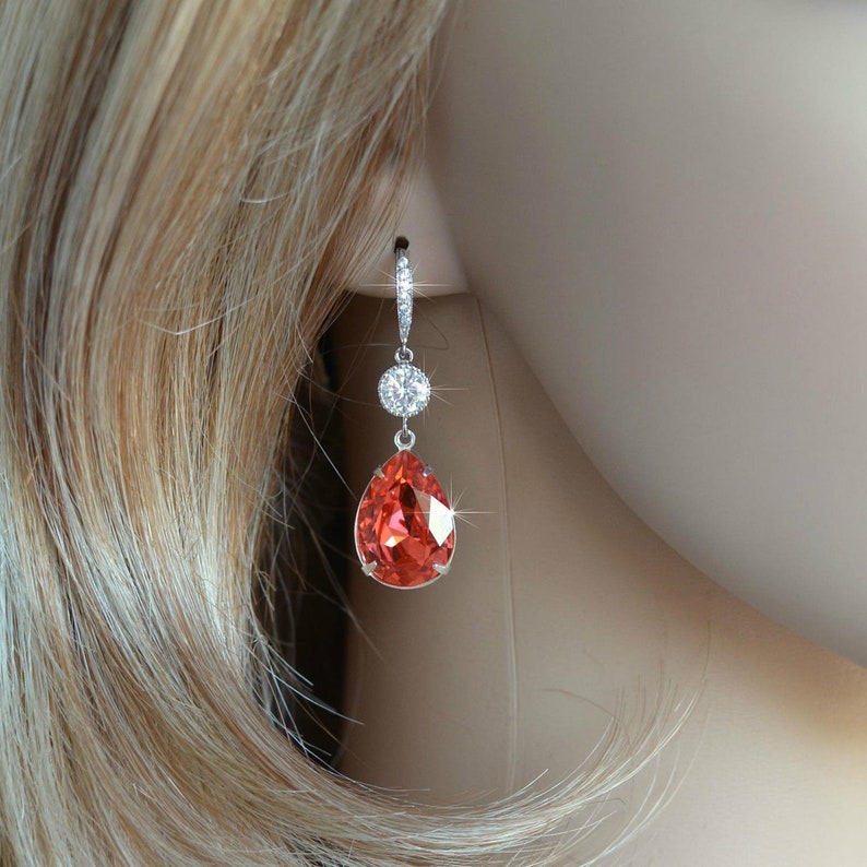 LAST PAIR Handmade Bright Coral Swarovski Padparadscha Pear Cut Crystal Earrings, Necklace, Set, Bridal, Wedding Sparkle-2644 image 5