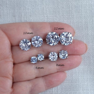 Set of all Sizes or Pair of CZ Stud Earrings 12/10/8/6mm Brilliant Cut Cubic Zirconia CZ Stud Earrings White or Yellow Gold (Sparkle-3373-A)