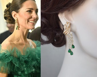 NEW Royalty Replica Luxe Clear Cubic Zirconia & Emerald Green Tassel Gold Drop Dangle Earrings, Bridal, Wedding (Sparkle-3386)