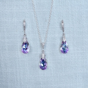 Brincos pendentes pequenos de cristal austríaco, lavanda e água-marinha, em formato de lágrima, colar, conjunto, noiva, casamento (Sparkle-3286-L)