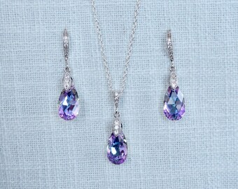 Small Austrian Crystal Lavender and Aquamarine Teardrop Crystal Dangle Earrings, Necklace, Set, Bridal, Wedding (Sparkle-3286-L)