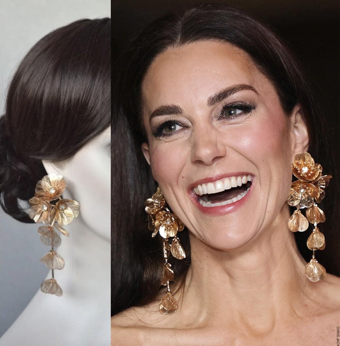 Royalty Replica Catherine Princess of Wales Dramatic Floral Gold Metallic & Crystal Floral 2023 BAFTA Earrings and Necklace (Sparkle-3413)