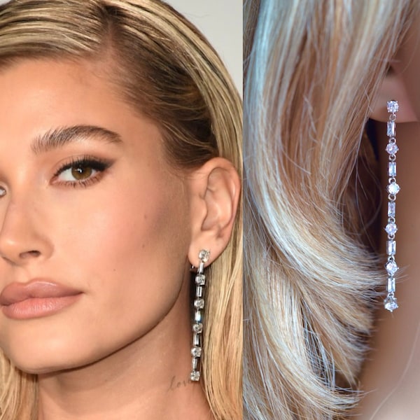 Hailey Bieber Rhodium or Yellow Gold Celebrity Inspired Long Baguette & Brilliant Cut CZ Bridal Dangle Earrings, Bridal (Sparkle-2778-A)