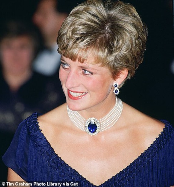 blue dress matching earrings Catherine Princess of Wales Replica Double Oval Sapphire CZ Dangle (Sparkle-3296) Dolly and Dotty Vintage All pieces are white Shoes-View All Size:Custom Order