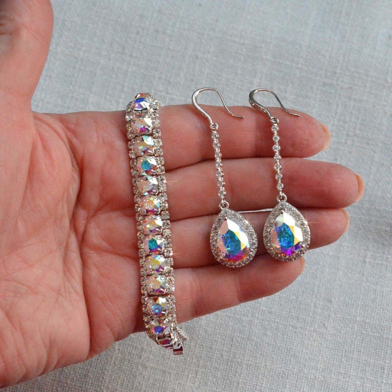 Sparkle-3050 Handmade Long Aurora Borealis AB Cubic Zirconia CZ Teardrop Dangle Bridal Earrings Aurora Borealis Bracelet Wedding Bridal