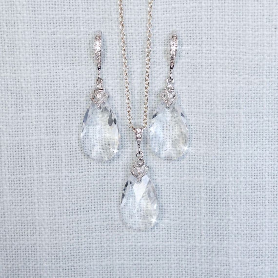 Swarovski Crystal Clear Dangle Necklace & Earrings Set, Bridal, Wedding (Sparkle-2697)