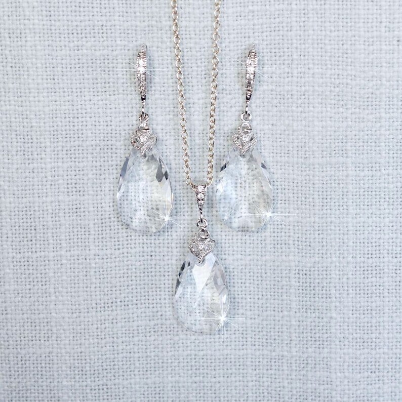 Swarovski Crystal Clear Dangle Necklace & Earrings Set, Bridal, Wedding (Sparkle-2697) image 1
