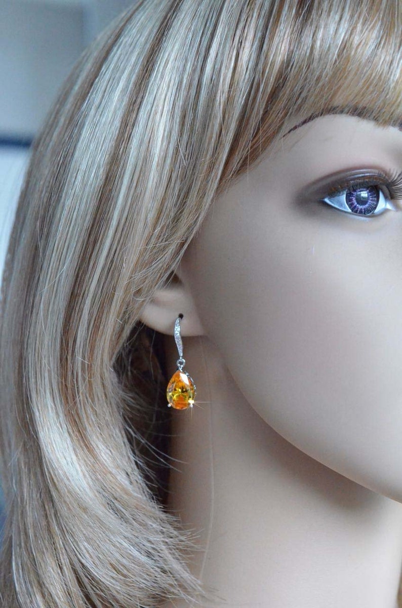Handmade Classic Dark Yellow Cubic Zirconia CZ Teardrop Dangle Earrings Sparkle-3017 Wedding Bridal