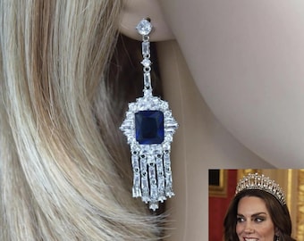Catherine Princess of Wales & Queen Mother Replica Sapphire Blue Fringe CZ Dangle Earrings (Sparkle-3296)
