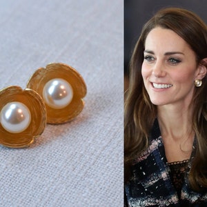 Royalty Replica Catherine Princess of Wales Yellow Gold Plate and Pearl Lotus Flower Stud Earrings, Choice of Pearl Colour (Pearl-986)