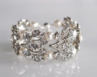 Handmade Vintage Inspired Crystal Rhinestone & Pearl Bridal Bracelet, Wedding (Sparkle-1090)
