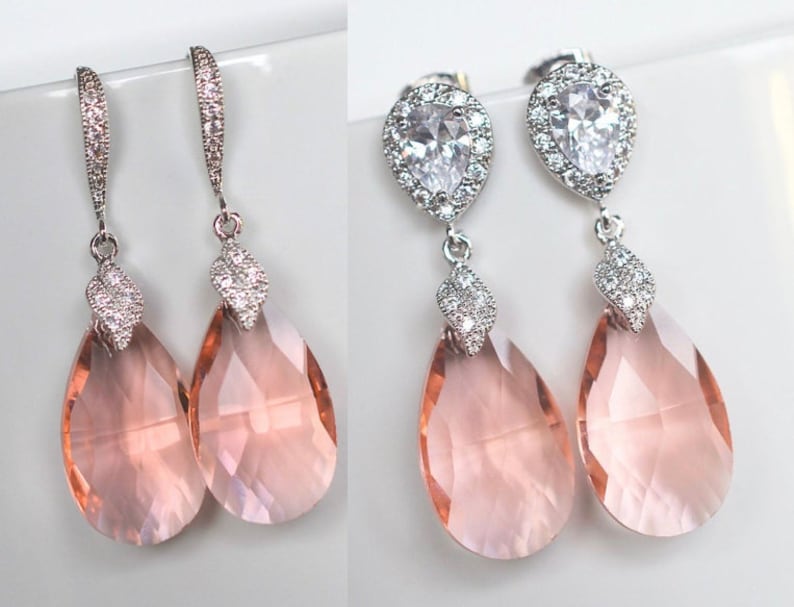 Handmade Blush Soft Peach Pear Crystal Dangle Earrings Set Wedding Necklace Sparkle-2169 Bridal French Hook or Post Earrings