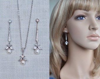 Long Cubic Zirconia CZ & Freshwater Pearl Linear Dangle Bridal Post Earrings, Necklace, Set, Bridal, Wedding (Pearl-976)