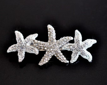 Crystal Rhinestone Triple Starfish Silvertone Hair Barrette, Bridal Beach Wedding (Sparkle-2443)