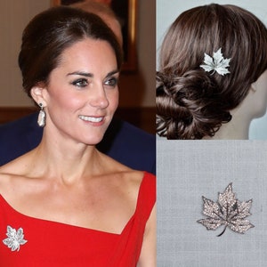 Royalty Replica Catherine Princess of Wales Duchess of Cambridge Silver Goldtone CZ Maple Leaf Brooch or Hair Clip (Sparkle-3312)