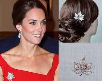 125+ Sold Royalty Replica Catherine Princess of Wales Duchess of Cambridge Silver Goldtone CZ Maple Leaf Brooch or Hair Clip (Sparkle-3312)