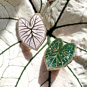 May include: Two enamel pins in the shape of Caladium leaves. One pin is white with pink accents and the other is green with pink and white accents. Both pins have gold-colored borders and are set on a large white leaf.