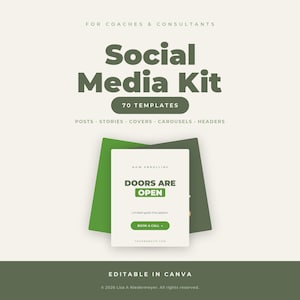Op de afbeelding: Een digitale social media kit voor coaches en consultants met 70 sjablonen voor berichten, stories, covers, carrousels en headers. Het ontwerp bevat donkergroene tekst op een crèmekleurige achtergrond met een centrale afbeelding voor actie.