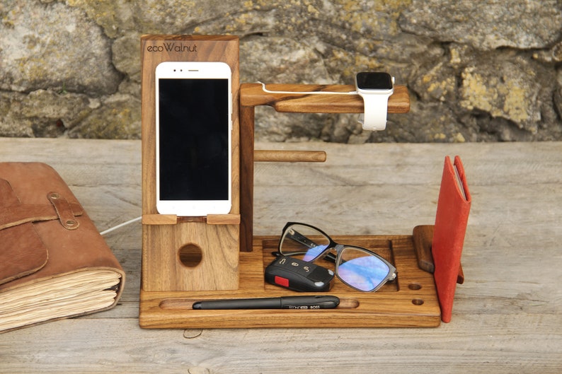 Wooden Desk Organizer Charging Station Custom Stand Docking Etsy