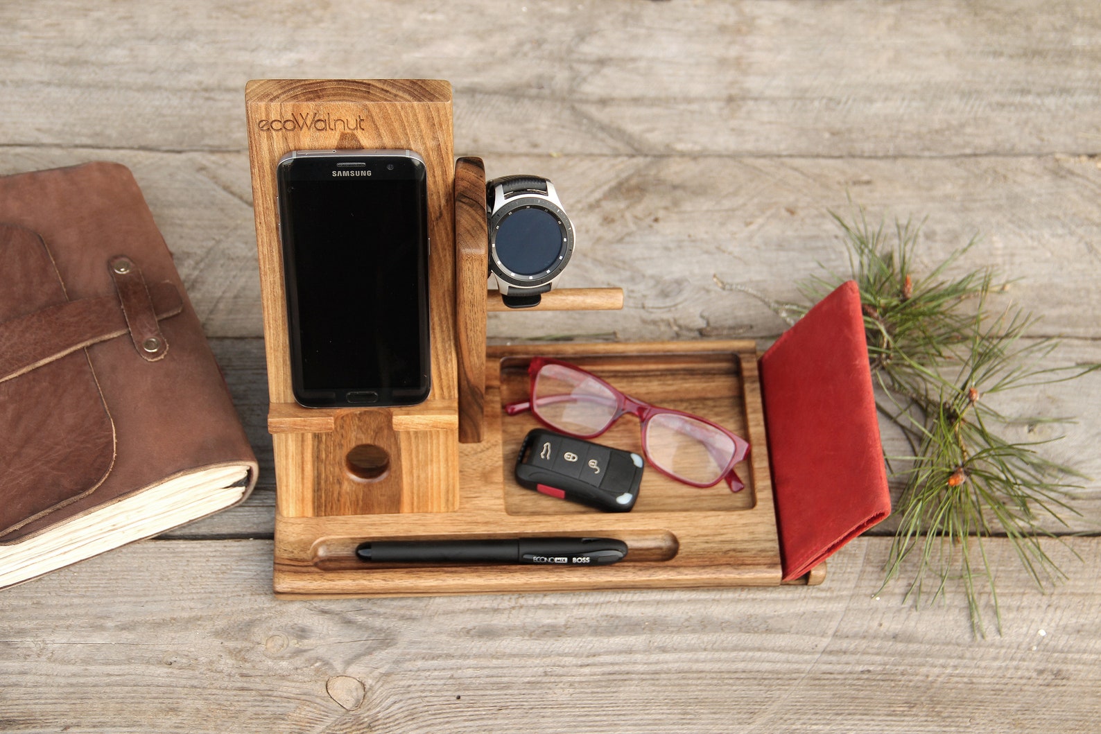 Custom Dark Desk Organizer For Dad Wooden Gifts Him Etsy