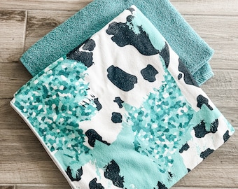 Teal Cow Print Microfiber Towel Pants