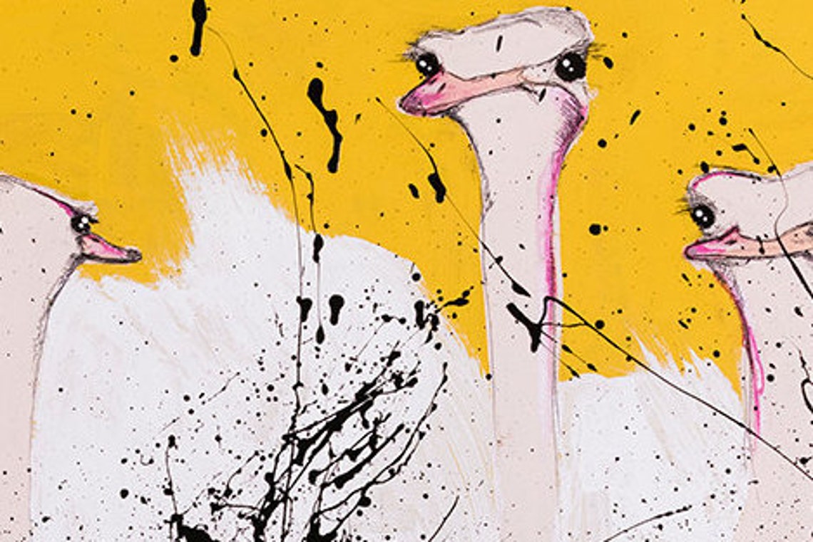 Ostrich Art Print , Yellow Wall Decor, Happy Wall Art, Paint Splash
