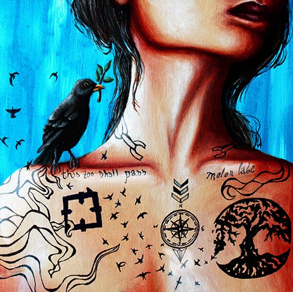 Briser La Chaîne Tatouage Fille Oiseau Noir Paix Branche Dolivier Tatouages Arbres Boussole Tentacules Arbre De Vie Brisée Bleu Portait