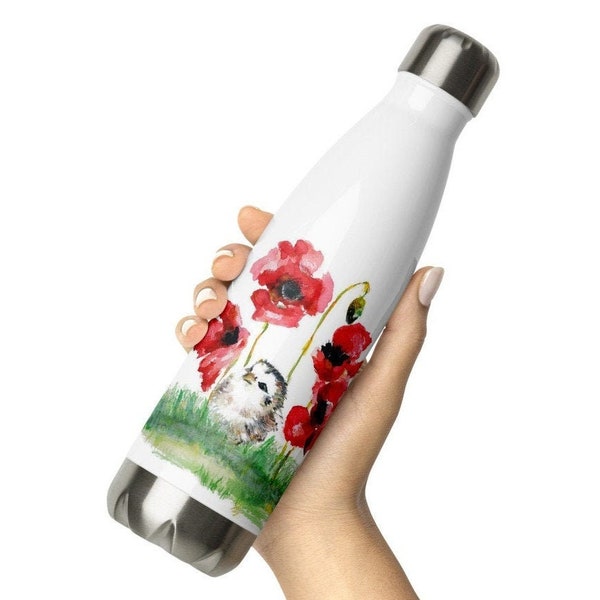 Baby Chick with Poppies Stainless Steel Water Bottle, Chicken Hen Lover Gift