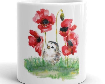 Baby Chick Mug, Chicken Lover Gift, Cute Chick with Poppies Ceramic Cup