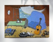Blue sofa and guitar print, home decor, montseroldos_artworks, art / Sofa blau i guitarra