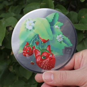 Strawberry Cat - 4in X 4in Metallic Vinyl Sticker