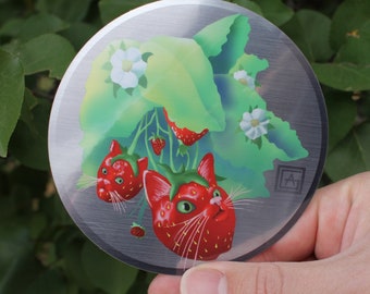 Strawberry Cat - 4in X 4in Metallic Vinyl Sticker