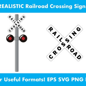 May include: Image shows two realistic railway crossing signs. One is a complete sign with a pole, crossbuck, and red lights. The other is a crossbuck sign. Text reads "RAILROAD CROSSING". The image also includes the text "REALISTIC Railroad Crossing Signs".