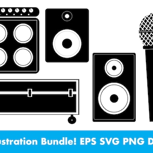 Equipo de escenario para músicos. Descarga instantánea. EPS, SVG, PNG, Dxf. Altavoces, micrófono, amplificador de bajo. Cricut, Silueta. Elaboración y álbumes de recortes.