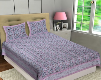 Indian Cotton Bedsheet With Pillow Covers Hand Block Print Bedsheet Flat Bedsheet Tapestry Cotton Floral Print Bed Throw Size 90x100 inches