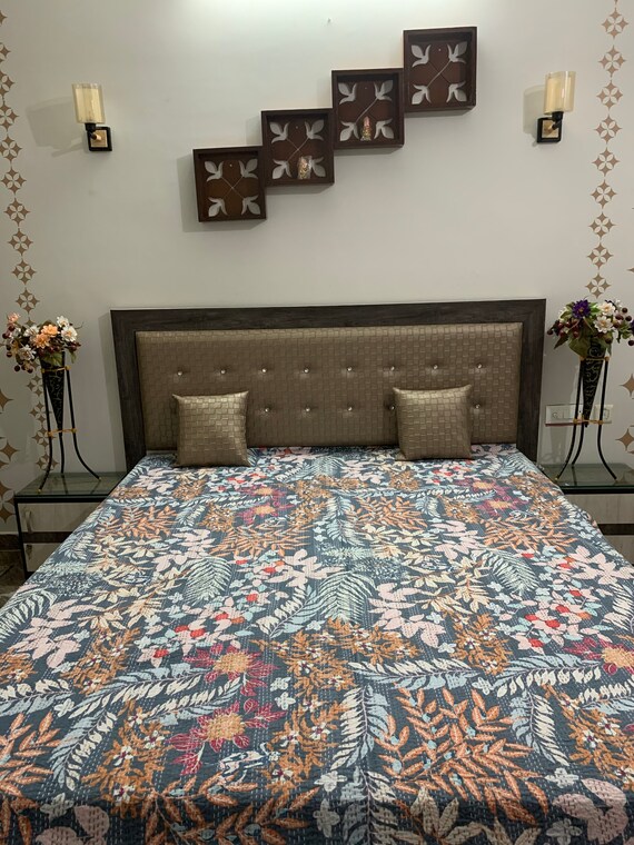 Graue Farbe von Hand genäht gesteppten Kantha Boho Bett Blatt Bett Abdeckung Baumwolle Bett Verbreitung kostenloser Versand