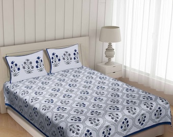 Indian Hand Block Print Bed Cover / Double Cotton Bed Spread / 100% Cotton Bed Cover With Two Pillow Covers Queen Size Bedsheet
