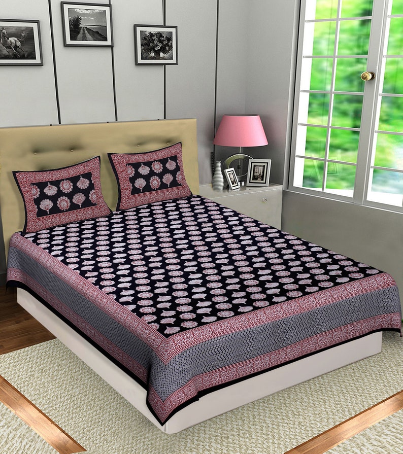 Black Colour Indian Cotton Bed sheet With Pillow Covers Hand Etsy