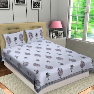 Home Living Decor New Bagru Print  Bedsheet Bed Cover Floral Print Cotton Bedding Cover With Two Pillow Covers