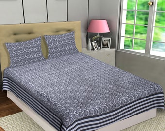 Feuille de lit en coton indien de couleur blanche noire avec des couvertures d’oreiller à la main Bloc d’impression drap de lit Propagation