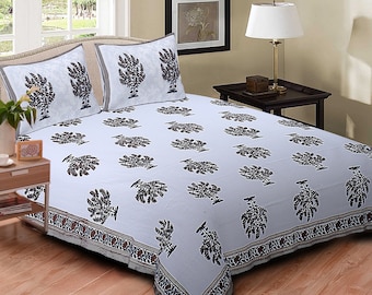 Indian Ethnic Jaipuri Printed Pure Cotton Bedsheets with 2 Pillow Covers Sanganeri Bedsheets Handblock Print Bedsheets