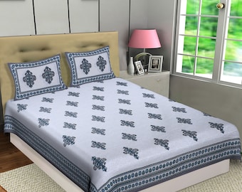 Indian Ethnic Cotton Jaipuri Impreso con 2 Fundas de Almohada Nuevas Sábanas Sanganeri Hojas de Ropa Impresión Hojas de Cama