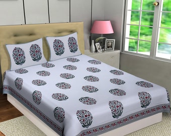 Pure Cotton Hand Block Double Bed Sheet Flat Sheet Queen Size Rajasthani Jaipuri Sanganeri  Print with 2 Pillow Covers Bed Spread