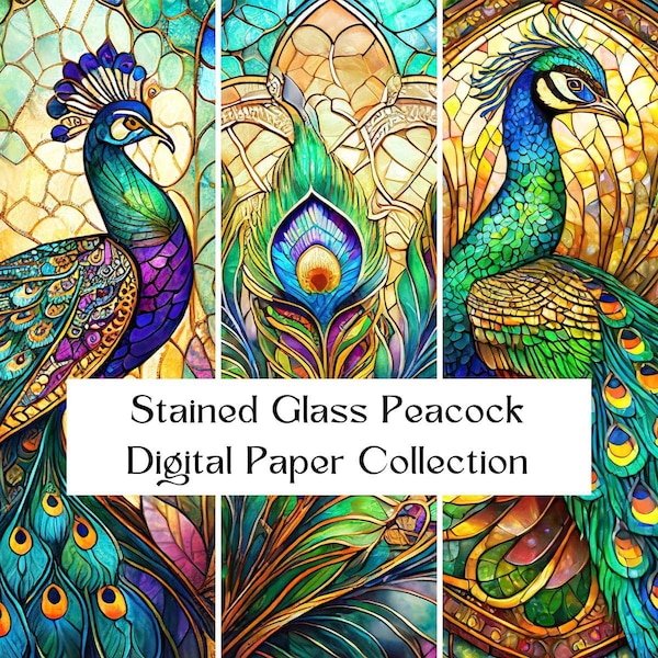 Stained Glass Peacock Digital Paper,  Junk Journal , Scrapbooking Paper, Digital Download