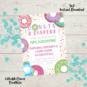 Diapers and Donuts baby sprinkle shower invitation Baby Invitation Digital Download, Personalized Baby Shower canva template